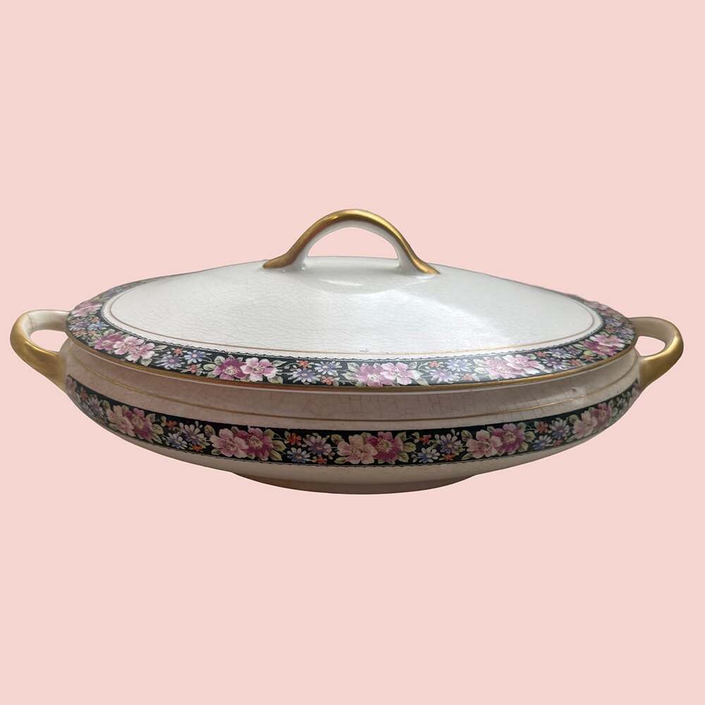 Vintage Semi Porcelain Lidded Serving Dish with Floral Pattern & Gold Trim
